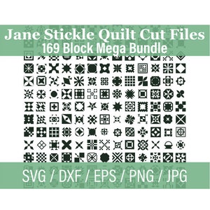Op de afbeelding: Een zwart-wit afbeelding met 169 quiltblok-ontwerpen. De tekst "Jane Stickle Quilt Cut Files 169 Block Mega Bundle" staat bovenaan de afbeelding. De tekst "SVG/DXF/EPS/PNG/JPG" staat onderaan de afbeelding.