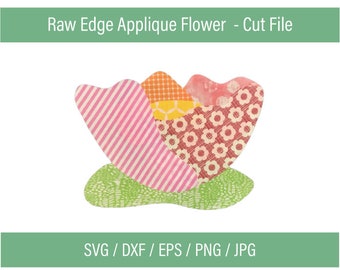 Puede incluir: Una flor de aplique rosa, roja y amarilla con un tallo verde. La flor está hecha de tela con diferentes patrones, incluyendo rayas, lunares y diseños florales. Este es un archivo de corte digital para manualidades.
