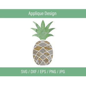 Può includere: Un ananas in legno con la parte superiore verde. L'ananas è un design digitale per progetti di artigianato. Il testo "Applique Design" e "SVG / DXF / EPS / PNG / JPG" sono in alto e in basso nell'immagine.