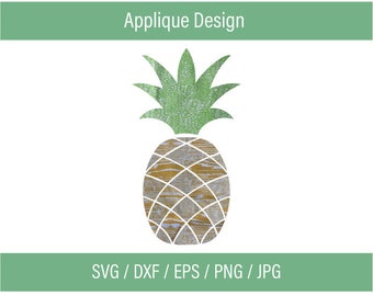 Puede incluir: Una piña de aspecto de madera con una parte superior verde. La piña es un diseño digital para proyectos de artesanía. El texto "Applique Design" y "SVG / DXF / EPS / PNG / JPG" están en la parte superior e inferior de la imagen.