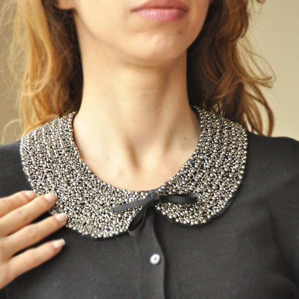 Peter pan black detachable collar necklace with metal bead embroidered
