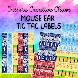 May include: A set of printable Tic Tac labels featuring various Disney characters, including Elsa, Olaf, Mickey Mouse, and Pluto. The labels are designed for mouse ears and include phrases like "Elsa's Chill Plus", "Mickey Music", and "Pluto's Dog Bones".