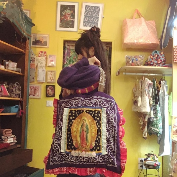 sac bandanas motif sainte vierge guadalupe vintage upcycling mexican