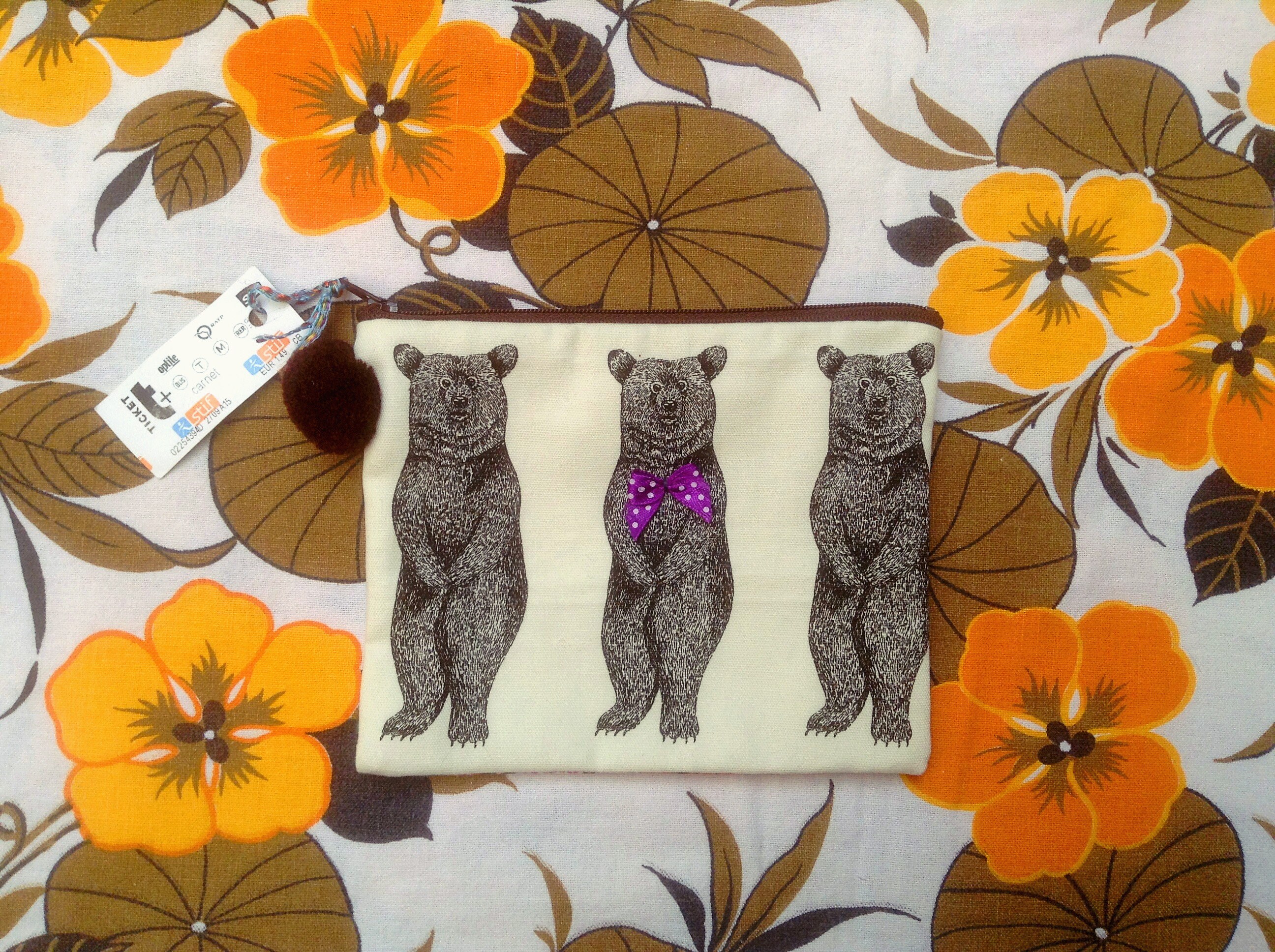 Pochette Toursse en Coton Recycle Vintage Motif Ours