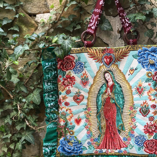 sac bandanas motif sainte vierge vert guadalupe vintage upcycling mexican