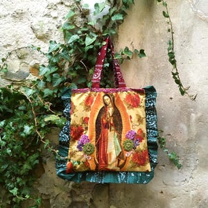 Bandana-Tasche, heilige Jungfrau, Guadalupe-Muster, Vintage-Upcycling, mexikanisch