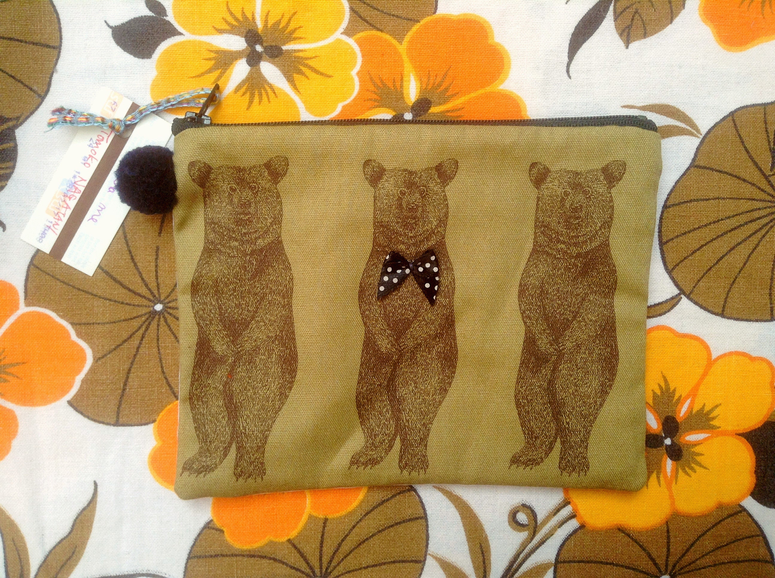 Pochette Trousse en Coton Recycle Vintage Motif Ours