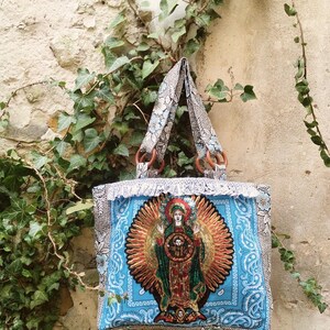Guadeloupe Tasche Heilige Jungfrau Maria Frida Kahlo Einkaufstasche Bandanas umweltfreundliche Einkaufstasche recycelt Vintage reversibel Zero Waste Upcycling