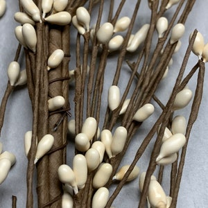May include: Close-up of a bundle of decorative stems with off-white, teardrop-shaped beads. The stems are brown and wrapped together, creating a natural, rustic aesthetic. Ideal for crafting or home decor.