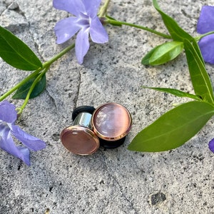 Rose quartz colored stone in rose gold bezel setting 8g 6g 4g 2g 0g 00g 7/16” 3mm 4mm 5mm 6mm 8mm 10mm 11mm