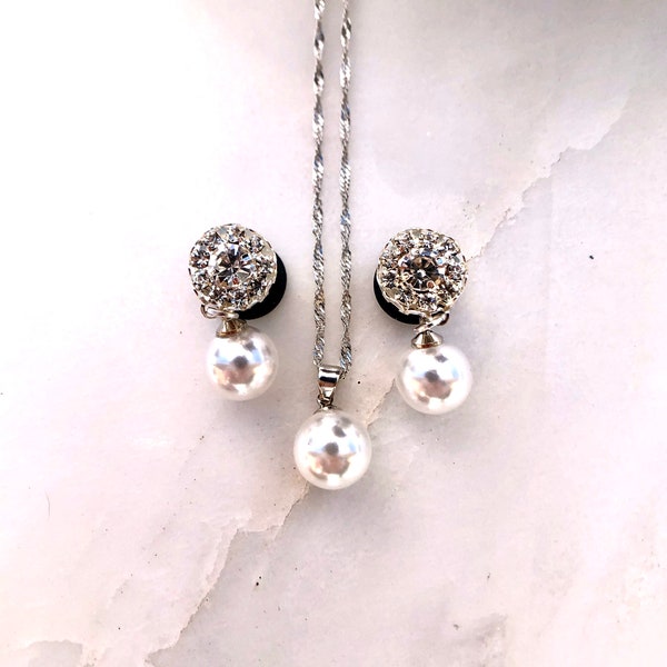 2 piece set pearl wedding plugs gauges and single pearl necklace 8g-1” 3mm-25mm