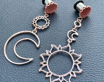 Rose gold sun and moon dangles with soft pink stone plug front 8g 6g 4g 2g 0g 00g 3mm 4mm 5mm 6mm 8mm 10mm
