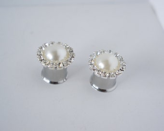 Rhinestone Pearl Plugs: Wedding Gauges (2g-1")