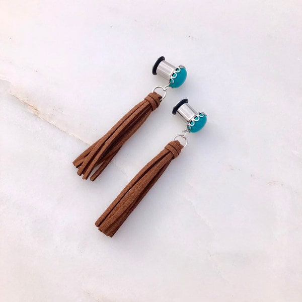 Turquoise in silver setting with brown suede tassel 8g 6g 4g 2g 0g 00g 3mm 4mm 5mm 6mm 8mm 10mm