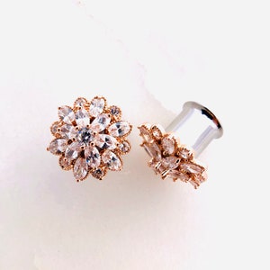 Rose gold Cubic Zirconia flower bridal formal plugs gauges 0g 00g 7/16” 1/2” 9/16” 5/8” 8mm 10mm 11mm 12mm 14mm 16mm