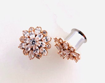 Rose gold Cubic Zirconia flower bridal formal plugs gauges 0g 00g 7/16” 1/2” 9/16” 5/8” 8mm 10mm 11mm 12mm 14mm 16mm