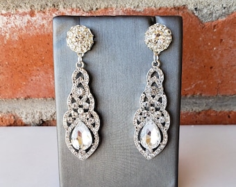 Vintage inspired rhinestone teardrop wedding dangle in silver plug gauge 8g-1"