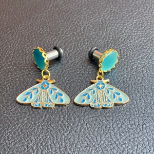 Ornate moth with turquoise enamel dangle with aquamarine stone plug front plugs gauges 8g 6g 4g 2g 0g 00g 7/16” 1/2” 9/16” 5/8” 3/4” 7/8” 1”