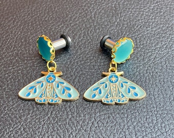 Ornate moth with turquoise enamel dangle with aquamarine stone plug front plugs gauges 8g 6g 4g 2g 0g 00g 7/16” 1/2” 9/16” 5/8” 3/4” 7/8” 1”