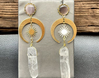 Gold celestial sun and moon dangle with clear quartz stone 8g 6g 4g 2g 0g 00g 7/16”