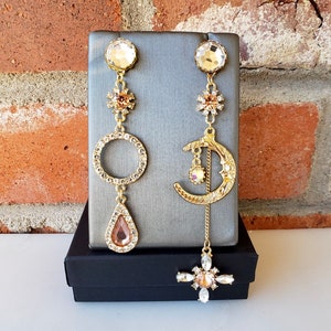 Gold Asymmetrical celestial inspired dangle plugs gauges with multi-color rhinestones and clear gem front 8g-1” 3mm-25mm