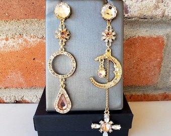 Gold Asymmetrical celestial inspired dangle plugs gauges with multi-color rhinestones and clear gem front 8g-1” 3mm-25mm