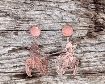 Rose gold fish dangle plugs gauges with clear gem 8g 6g 4g 2g 0g 00g 7/16” 1/2” 9/16” 5/8” 3/4” 7/8” 1” 3mm 4mm 5mm 6mm 8mm 10mm 11mm