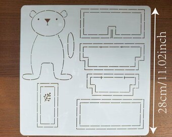 May include: A white plastic stencil with a bear outline and various cut-out shapes. The stencil measures 11.02 inches by 11.02 inches (28cm x 28cm). Includes a bookmark design and is suitable for crafts and DIY projects.