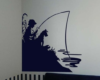 Little Boy Fishing with His Dog Vinyl Wall Sticker Decal