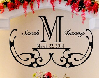 May include: A black and white wedding monogram with the letter M in the center. The names Sarah and Danny are on either side of the letter M. The date March 22, 2014 is written below the letter M.