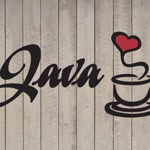 May include: Black and white illustration of a coffee cup with a red heart shaped steam rising from the cup. The word "Java" is written in a stylized font to the left of the cup.