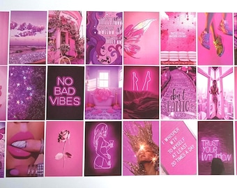 Kit de collage de pared con fotos estéticas en rosa neón intenso para decoración de pared, tarjetas de 4x6 pulgadas (50 unidades)