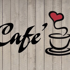 May include: Black and white illustration of a coffee cup with steam rising from it and a red heart above the steam. The text "Cafe'" is to the left of the cup.