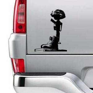 May include: Black and white silhouette of a military boot, rifle, and helmet, a common symbol of remembrance for fallen soldiers.