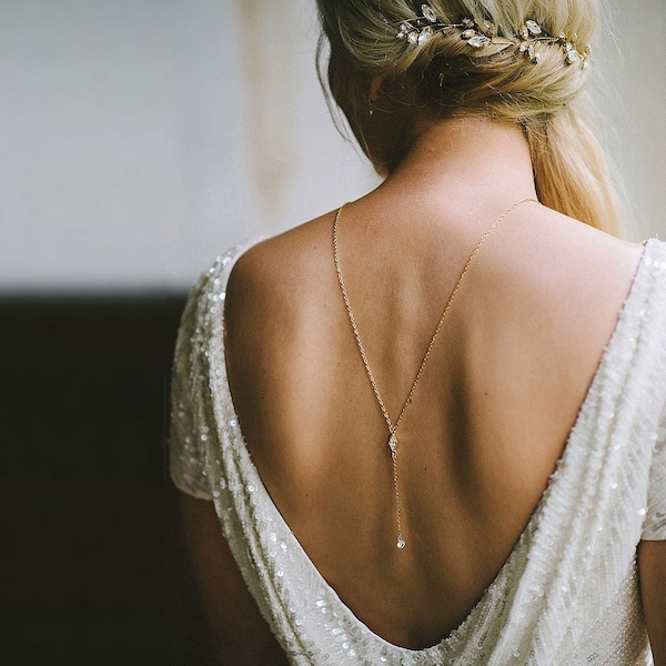 Dia - collier dans le dos, collier de toile de fond, chaîne arrière, collier d'épaule, collier goutte dans le dos de la mariée, collier en or rose, lariat or, minimal