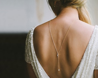 Dia - Back Necklace, Backdrop Necklace, Back Chain, Shoulder Necklace, Bridal Back Drop Necklace, Rose Gold Necklace, Gold Lariat, Minimal