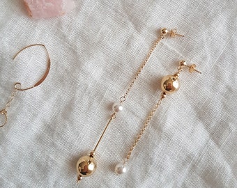 Amede - Asymmetrical Earrings, Mismatched Earrings, Danggle Earrings, Gold Chain Earrings, Pearl Earrings, Long Earrings