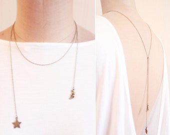 Lariat Necklace, Open Necklace, Moon and Star Pendant, Back Necklace, Celestial Jewelry