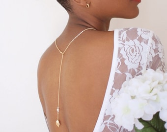 Pearl Leaf - Back Drop Necklace, Pearl Bridal Necklace, Gold Leaf, Back Necklace, Backdrop Necklace, Elopement Wedding