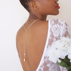 Pearl Leaf - Back Drop Necklace, Pearl Bridal Necklace, Gold Leaf, Back Necklace, Backdrop Necklace, Elopement Wedding