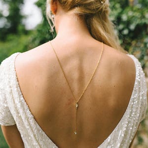 Dia Back Necklace, Backdrop Necklace, Back Chain, Shoulder Necklace, Bridal Back Drop Necklace, Rose Gold Necklace, Gold Lariat, Minimal image 3