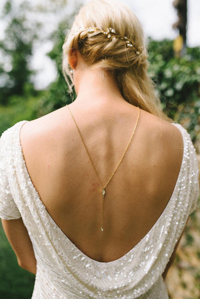 Dia Back Necklace, Backdrop Necklace, Back Chain, Shoulder Necklace, Bridal Back Drop Necklace, Rose Gold Necklace, Gold Lariat, Minimal image 3