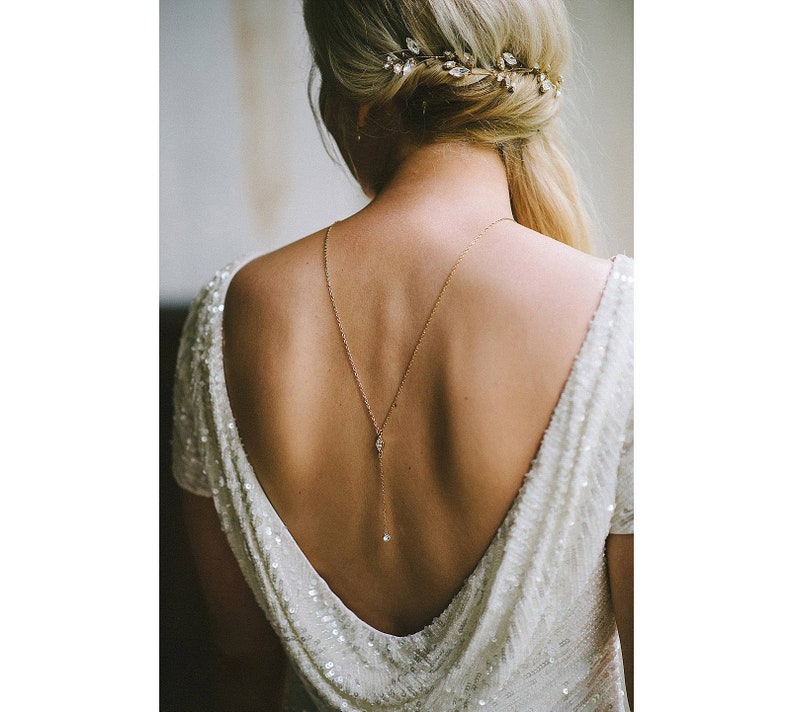 Dia Back Necklace, Backdrop Necklace, Back Chain, Shoulder Necklace, Bridal Back Drop Necklace, Rose Gold Necklace, Gold Lariat, Minimal image 10