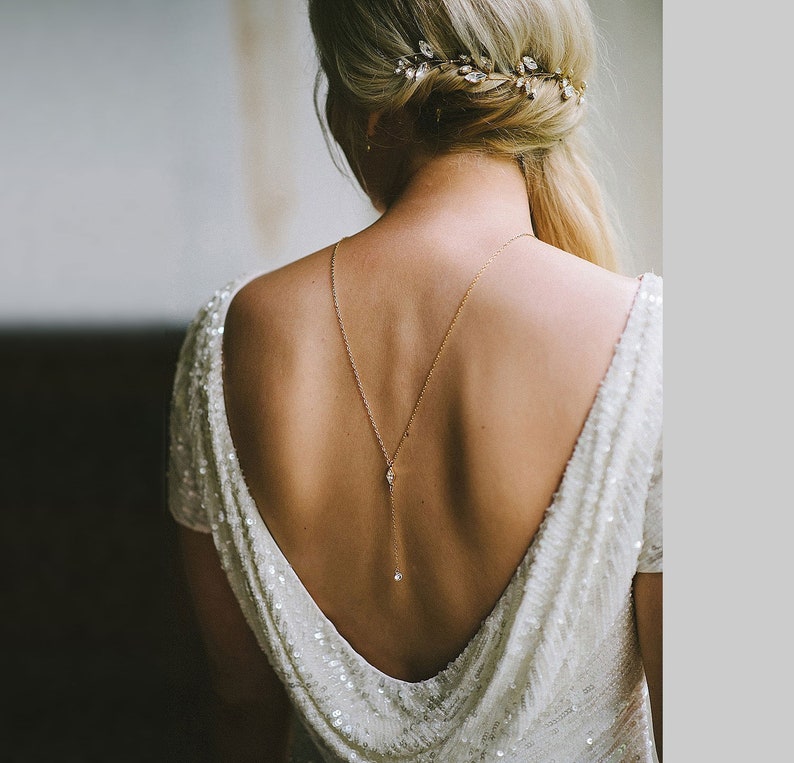 Dia Back Necklace, Backdrop Necklace, Back Chain, Shoulder Necklace, Bridal Back Drop Necklace, Rose Gold Necklace, Gold Lariat, Minimal image 1