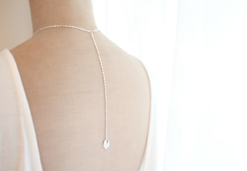 Leaf Back Drop Necklace, Everyday Jewelry, Minimal Leaf Pendant, Silver and Gold Color image 1