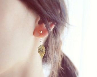 Leaf - Earrings, Silver Gold color Dangle, Leaf Pendant, Dainty Simple, Everyday Earrings