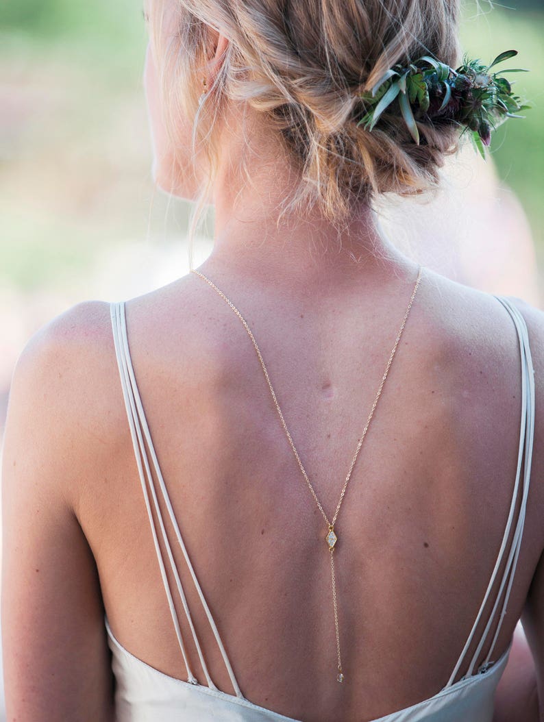 Dia Back Necklace, Backdrop Necklace, Back Chain, Shoulder Necklace, Bridal Back Drop Necklace, Rose Gold Necklace, Gold Lariat, Minimal image 7