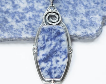 Willow Stone Necklace, Sterling Silver, Oxidized, Rare Natural Blue Tone