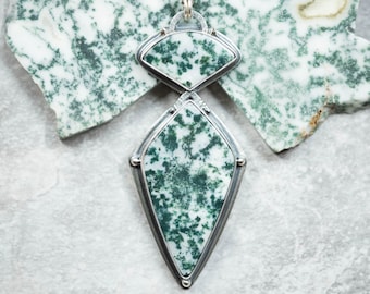 Tree Agate Necklace, Sterling Silver, Oxidized, Long "Statement" Piece, Uniquely Cut and Designed