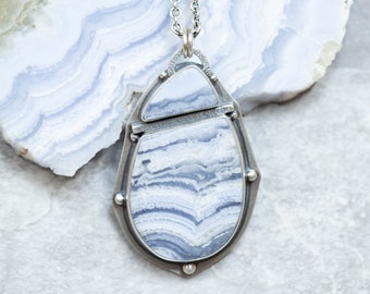 Blue Lace Agate Necklace, Sterling Silver, Oxidized, Ice Blue Stone, Unique Cut and Design